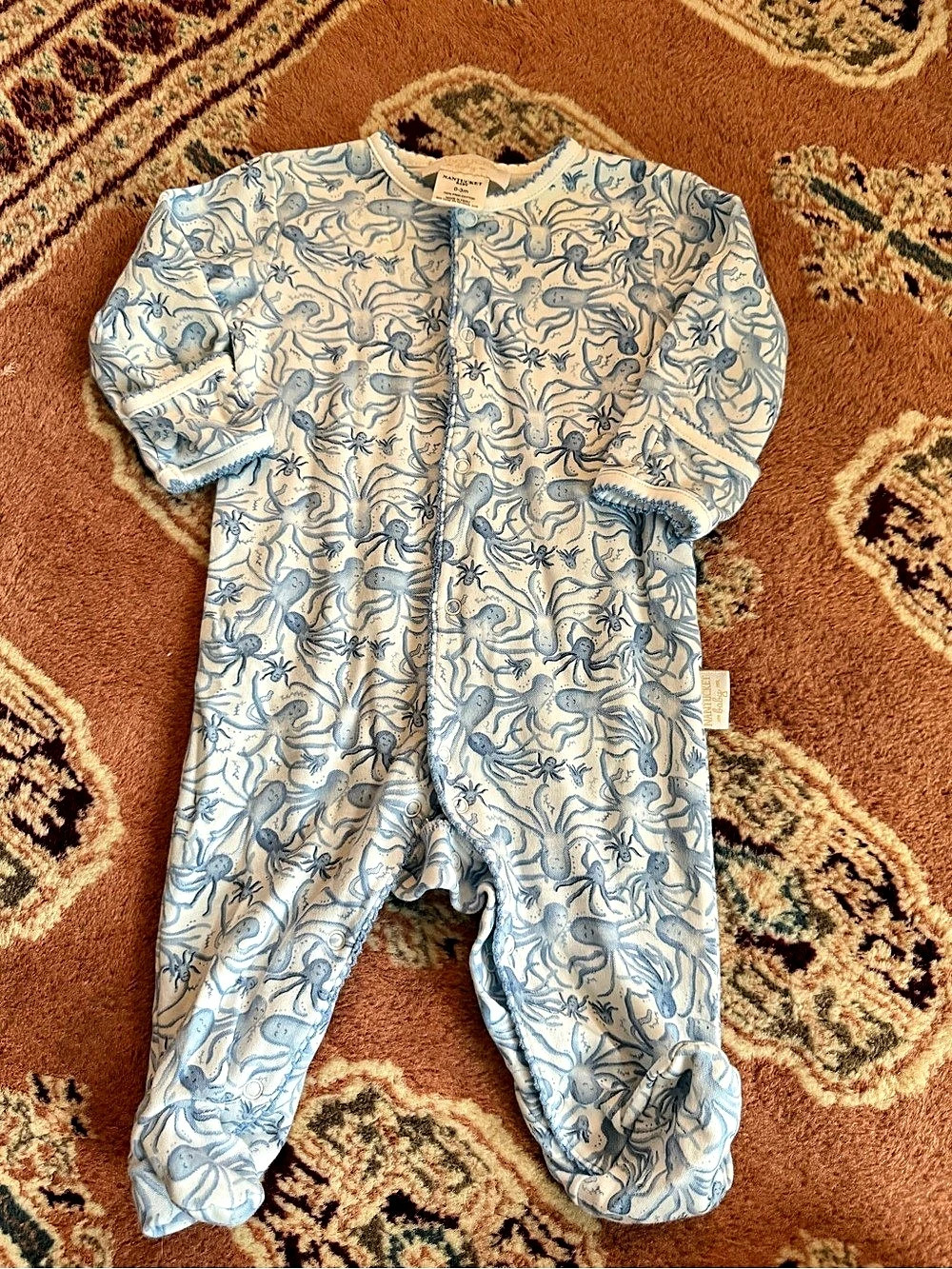 Nantucket Baby Octopus Toile Pima Footed Romper Blue & White Baby 0-3m